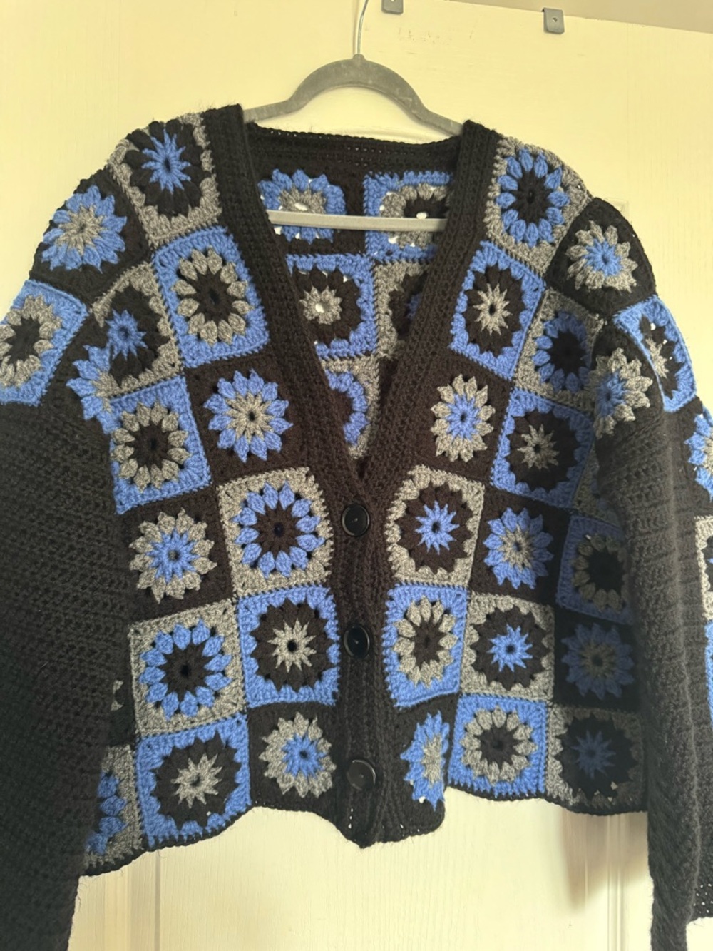Hand Crafted Black Crochet Patchwork Cardigan with Blue and Gray Motifs. Ptp 27 - Picture 2 of 11